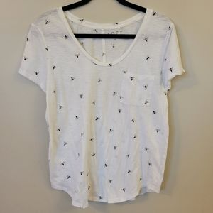 LOFT White Bee Print Short Sleeve V Neck Top, sz M
